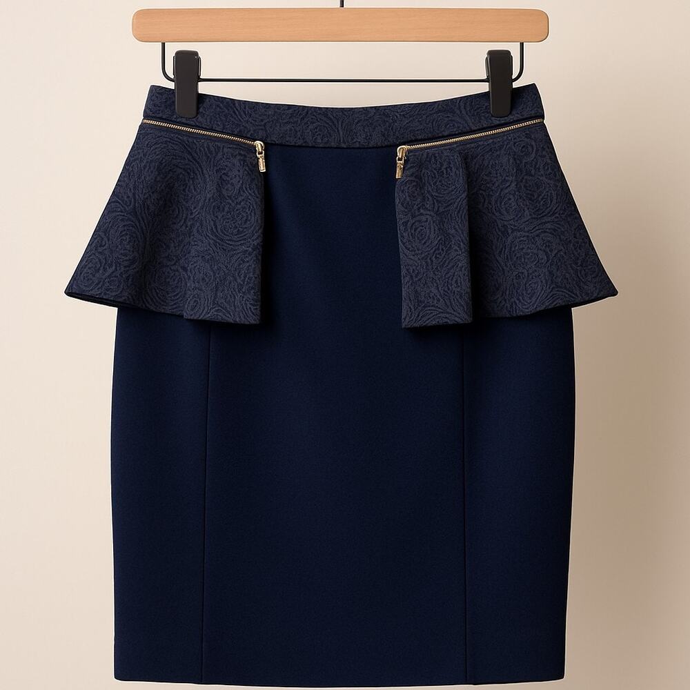 Etcetera Zip Off Ruffle Jacquard Peplum Pencil Skirt Black Career Work Womens 00